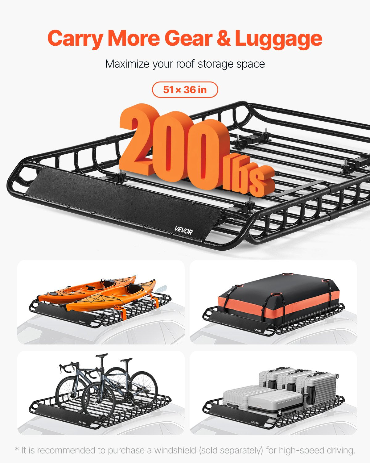 VEVOR Roof Rack Basket, 1300 x 910 x 105 mm, Universal Rooftop Cargo Carrier with 44.1 x 34.3 x 10.2 in Cargo Bag, Net, Ratchet Straps, 90.7 kg Max Load Capacity Car Top Luggage Holder, for SUV Car