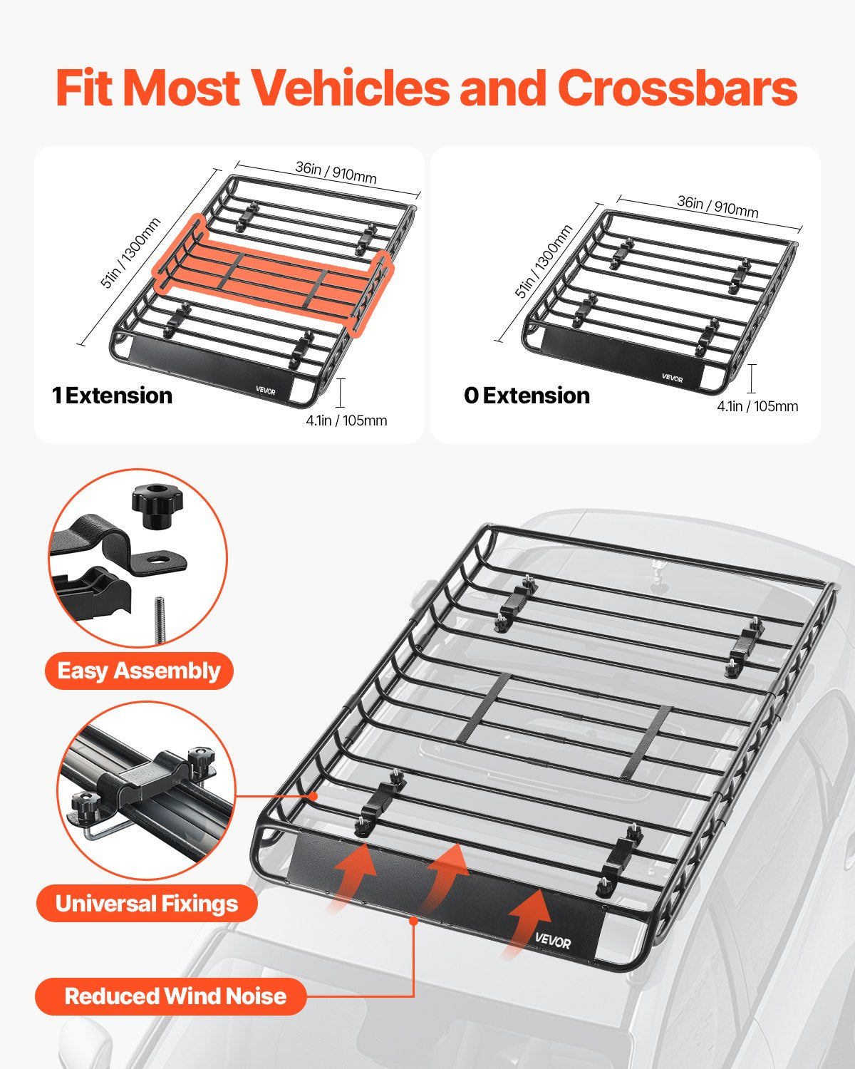 VEVOR Roof Rack Basket, 1300 x 910 x 105 mm, Universal Rooftop Cargo Carrier with 44.1 x 34.3 x 10.2 in Cargo Bag, Net, Ratchet Straps, 90.7 kg Max Load Capacity Car Top Luggage Holder, for SUV Car