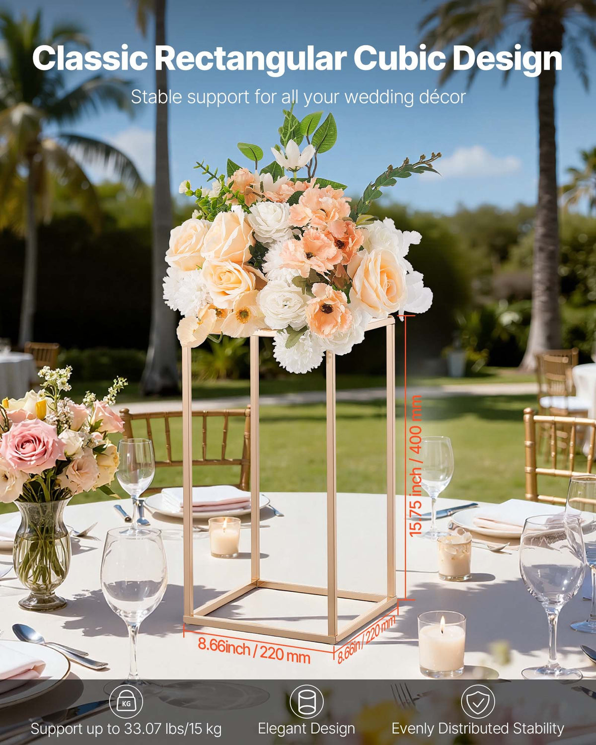 VEVOR Wedding Flower Stand, 10PCS 15.75-inch Column Flower Stand, Floral Stands with Acrylic Laminate, Rectangular Floral Display Rack for Wedding, Party, Birthday, Home, French Gold Stands