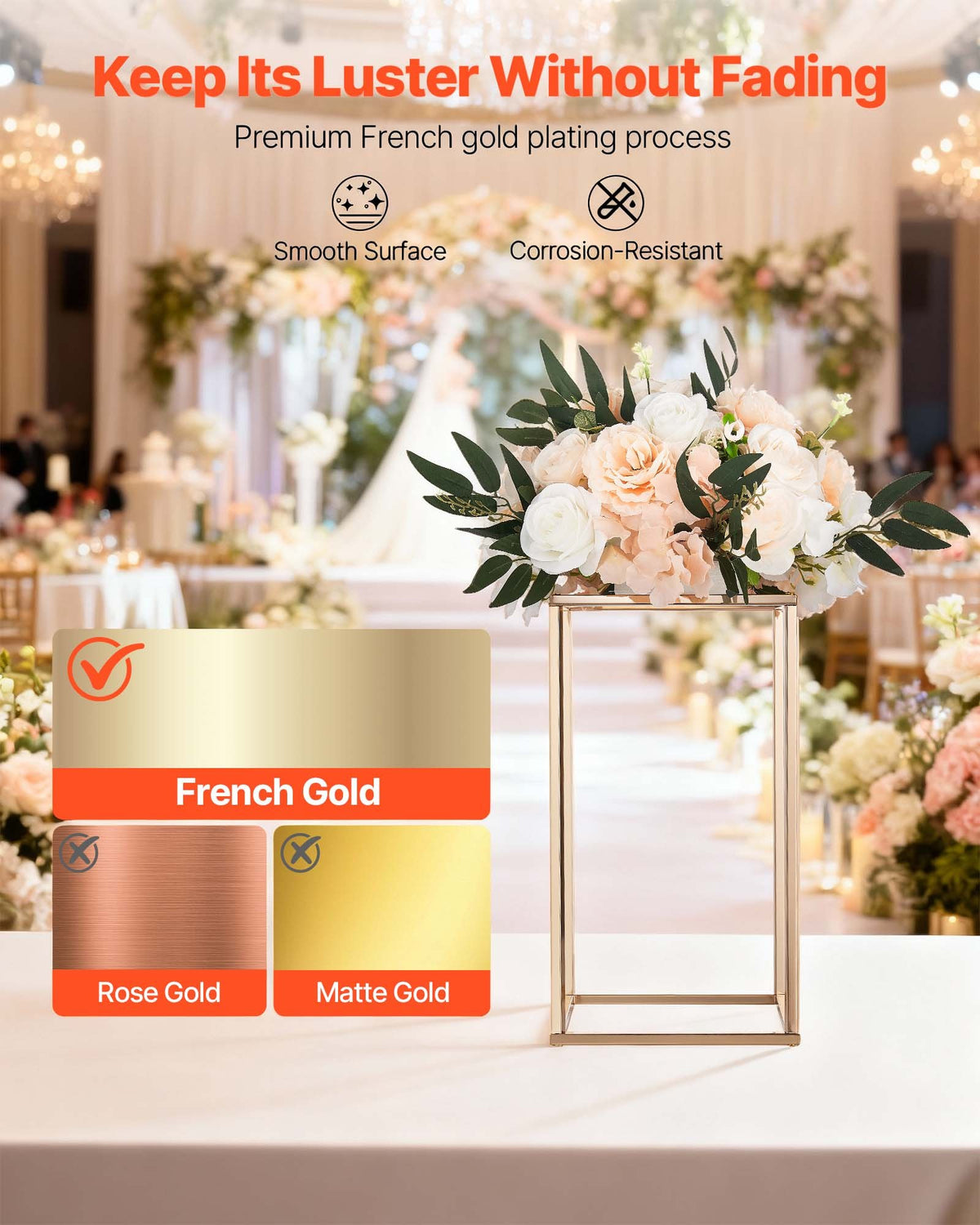 VEVOR Wedding Flower Stand, 10PCS 15.75-inch Column Flower Stand, Floral Stands with Acrylic Laminate, Rectangular Floral Display Rack for Wedding, Party, Birthday, Home, French Gold Stands