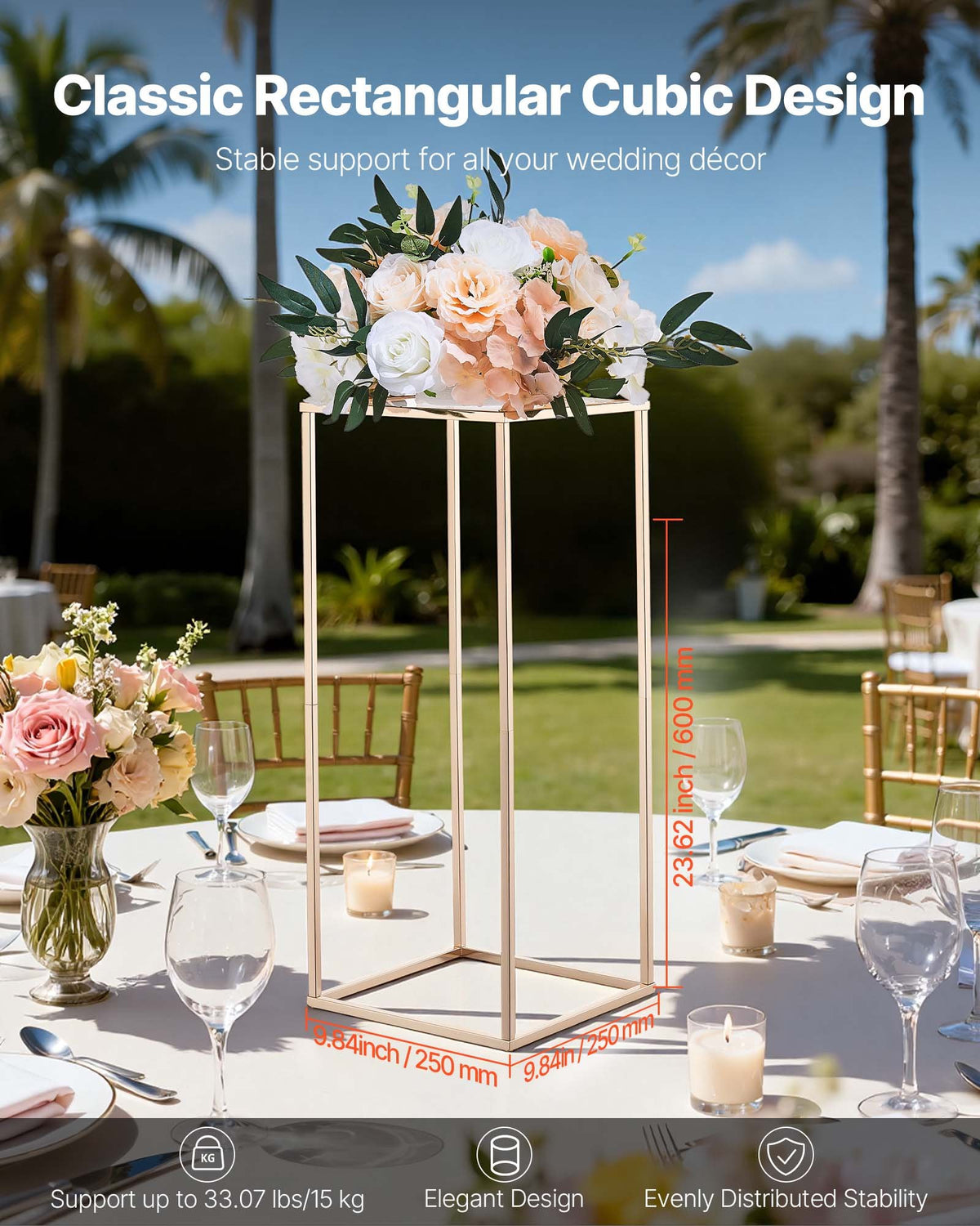 VEVOR Wedding Flower Stand, 10PCS 23.62-inch Column Flower Stand, Floral Stands with Metal Laminate, Rectangular Floral Display Rack for Wedding, Party, Birthday, Home, French Gold Stands