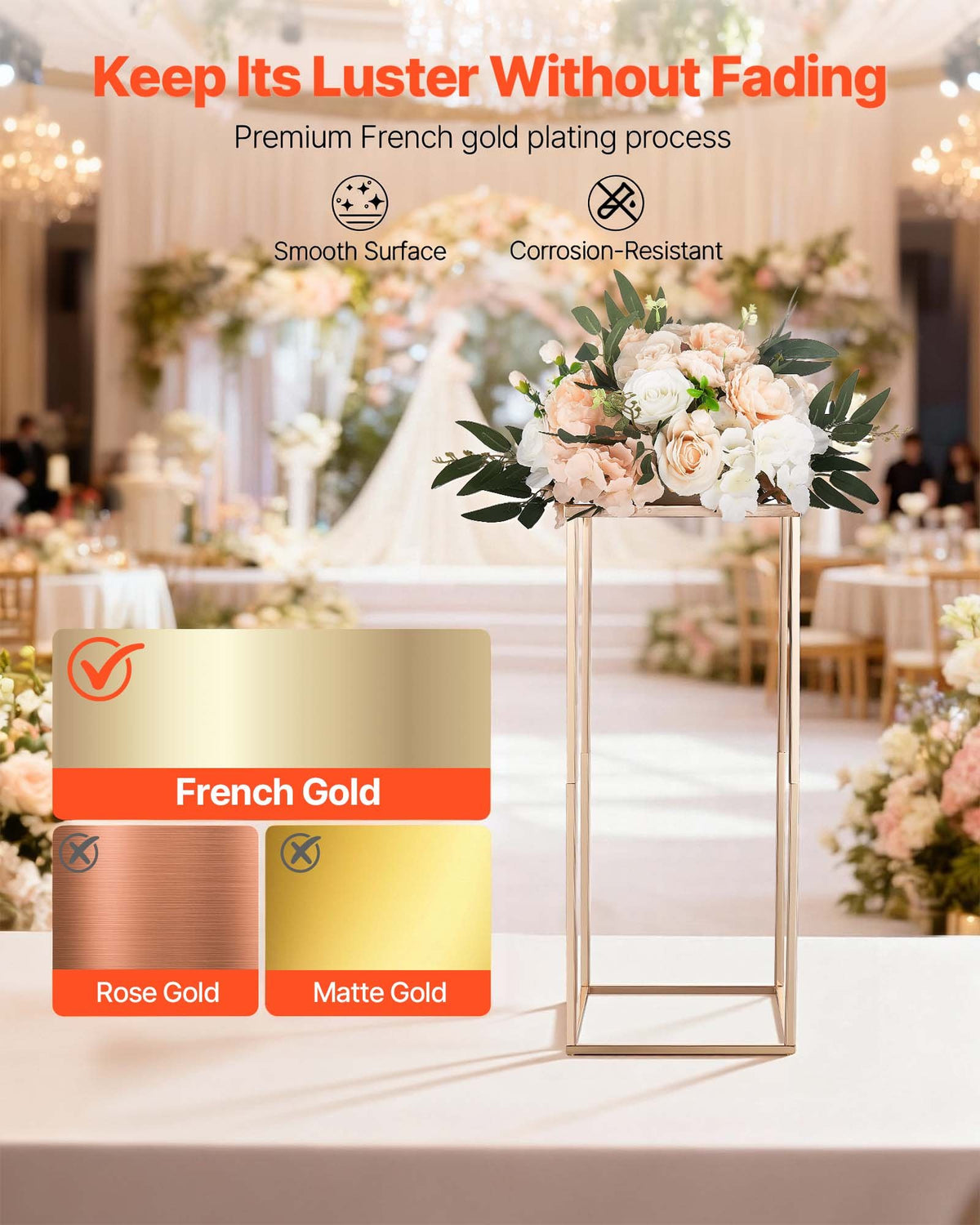 VEVOR Wedding Flower Stand, 10PCS 23.62-inch Column Flower Stand, Floral Stands with Metal Laminate, Rectangular Floral Display Rack for Wedding, Party, Birthday, Home, French Gold Stands