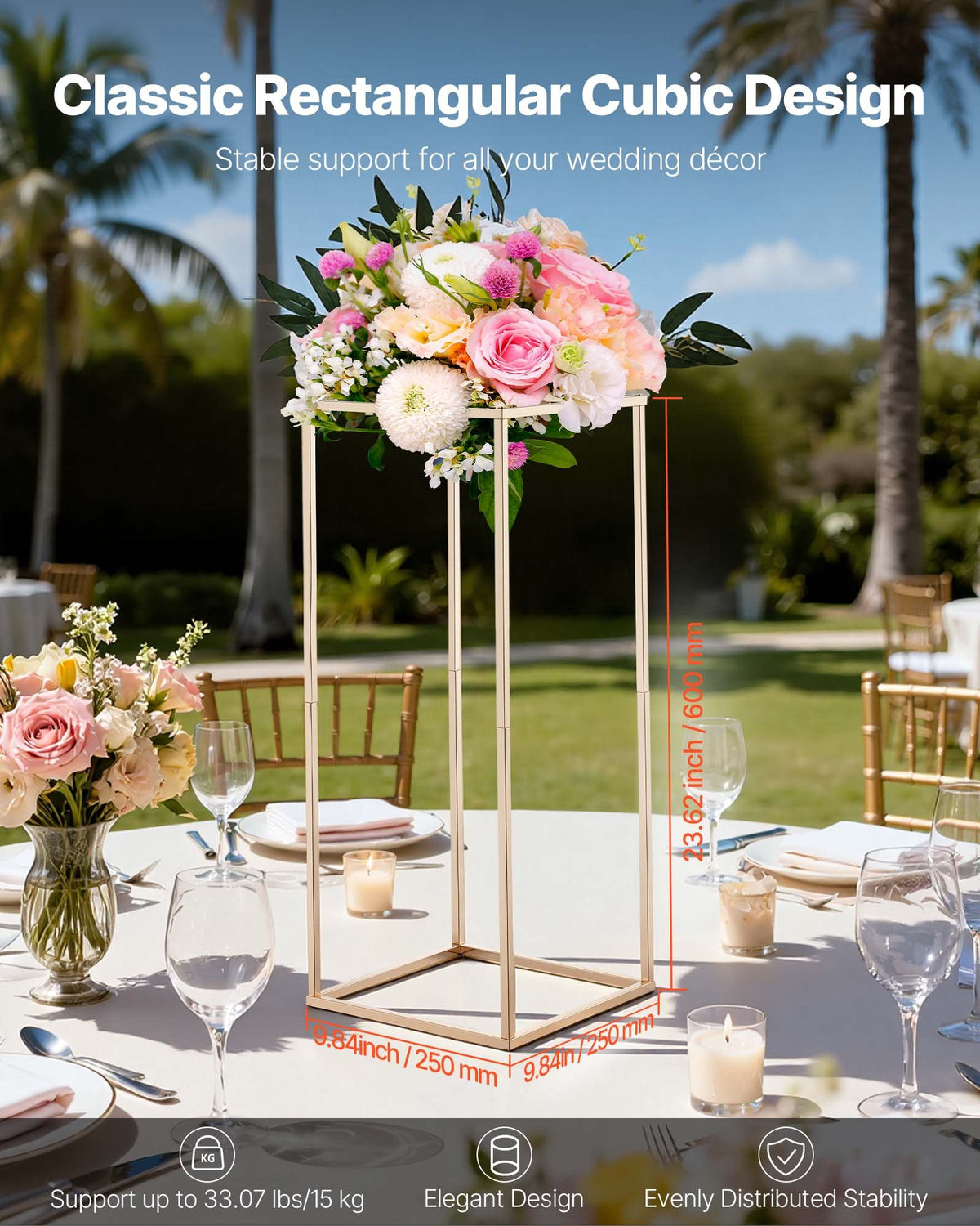 VEVOR Wedding Flower Stand, 10PCS 23.62-inch Column Flower Stand, Floral Stands with Hidden Screw, Rectangular Cubic Floral Display Rack for Wedding, Party, Birthday, Home, French Gold Stands