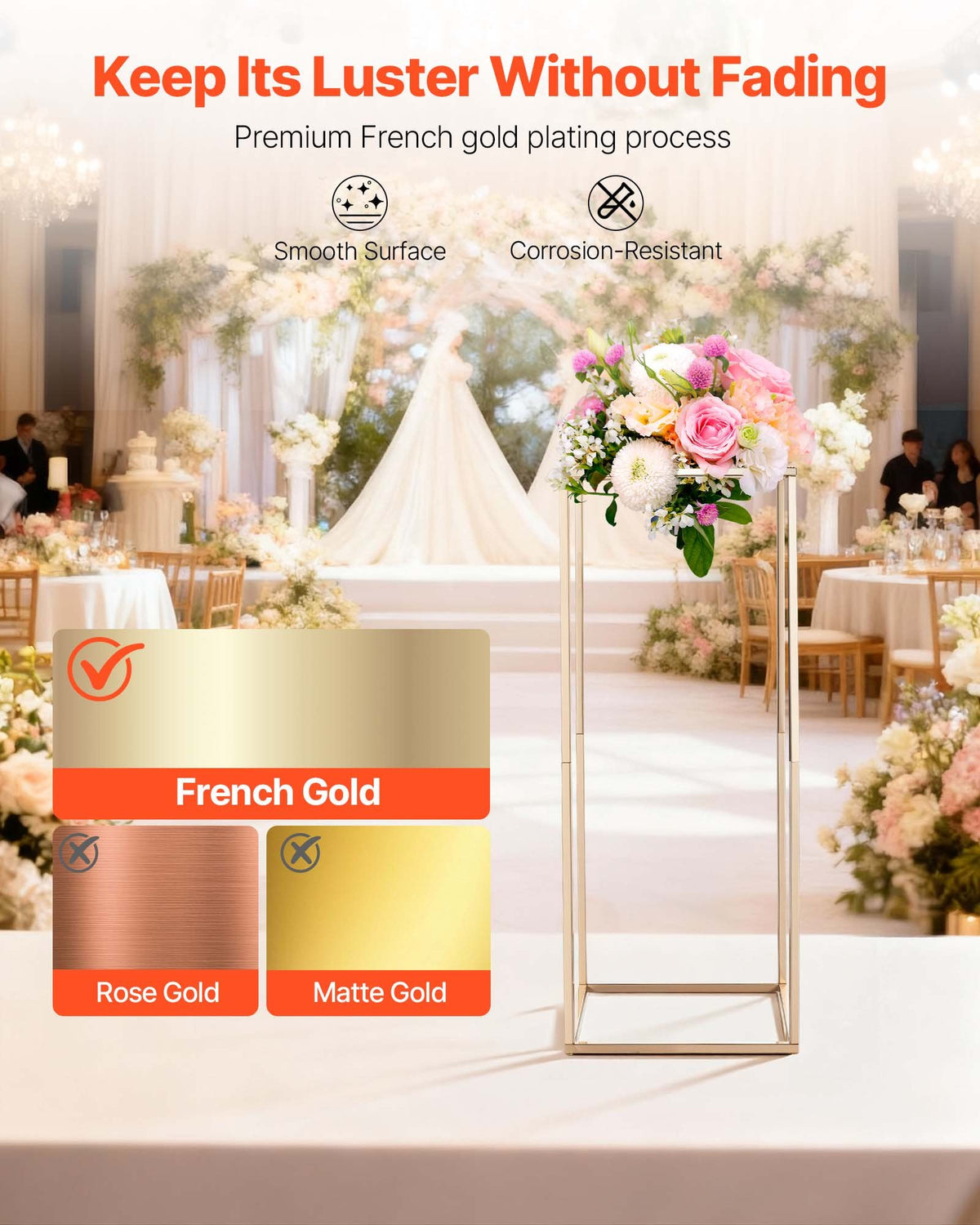 VEVOR Wedding Flower Stand, 10PCS 23.62-inch Column Flower Stand, Floral Stands with Hidden Screw, Rectangular Cubic Floral Display Rack for Wedding, Party, Birthday, Home, French Gold Stands