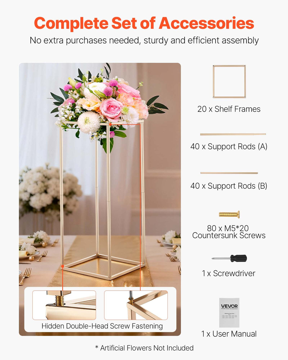 VEVOR Wedding Flower Stand, 10PCS 23.62-inch Column Flower Stand, Floral Stands with Hidden Screw, Rectangular Cubic Floral Display Rack for Wedding, Party, Birthday, Home, French Gold Stands