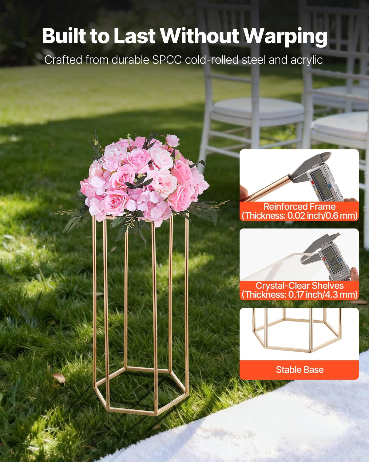 VEVOR Wedding Flower Stand, 10PCS 23.62-inch Column Flower Stand, Floral Stands with Acrylic Laminate, Hexagonal Cubic Floral Display Rack for Wedding, Party, Birthday, Home, French Gold Stands