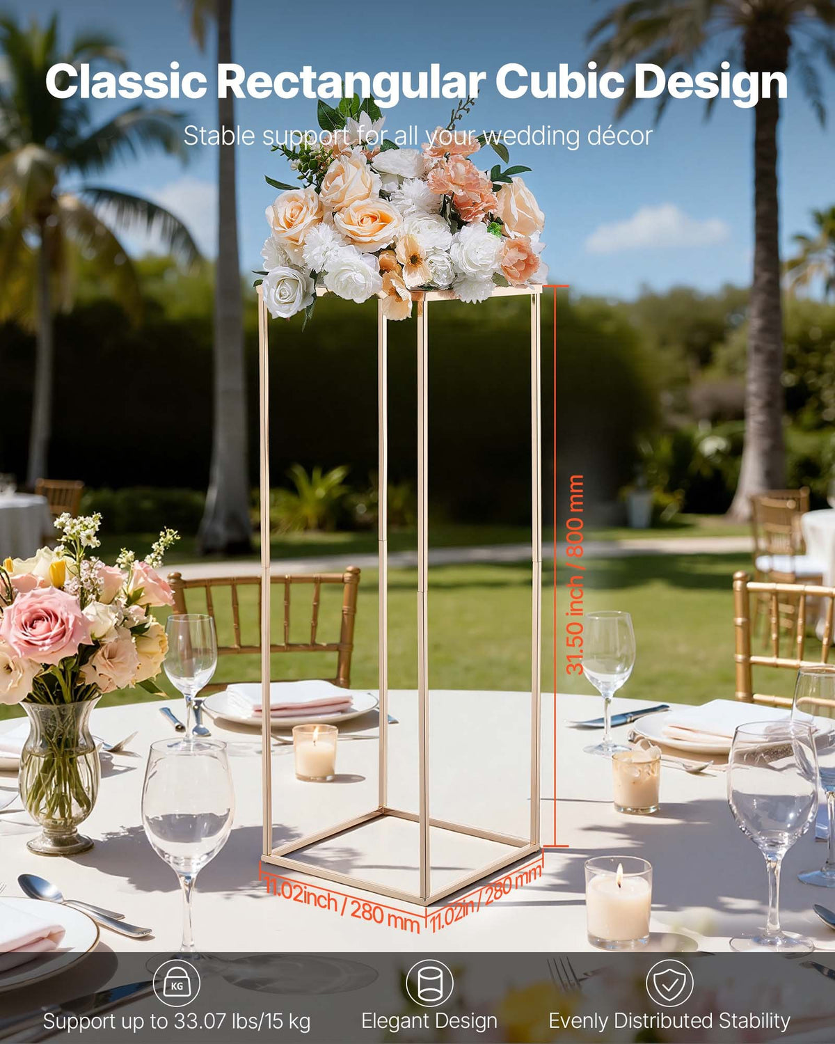 VEVOR Wedding Flower Stand, 10PCS 31.5-inch Column Flower Stand, Floral Stands with Metal Laminate, Rectangular Floral Display Rack for Wedding, Party, Birthday, Home, French Gold Stands