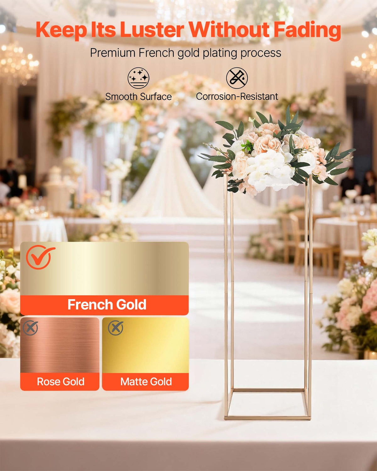 VEVOR Wedding Flower Stand, 10PCS 31.5-inch Column Flower Stand, Floral Stands with Metal Laminate, Rectangular Floral Display Rack for Wedding, Party, Birthday, Home, French Gold Stands