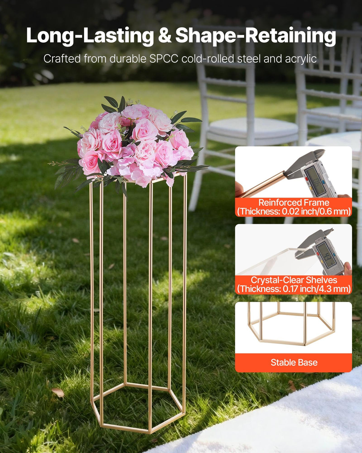 VEVOR Wedding Flower Stand, 10PCS 31.5-inch Column Flower Stand, Floral Stands with Acrylic Laminate, Hexagonal Cubic Floral Display Rack for Wedding, Party, Birthday, Home, French Gold Stands