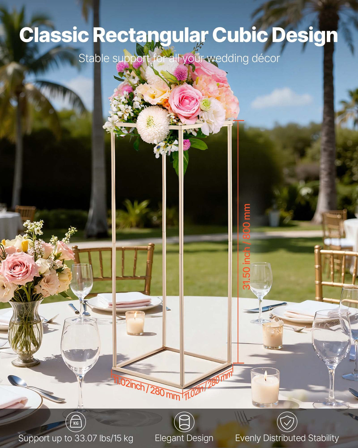 VEVOR Wedding Flower Stand, 10PCS 31.5-inch Column Flower Stand, Floral Stands with Hidden Screw, Rectangular Cubic Floral Display Rack for Wedding, Party, Birthday, Home, French Gold Stands