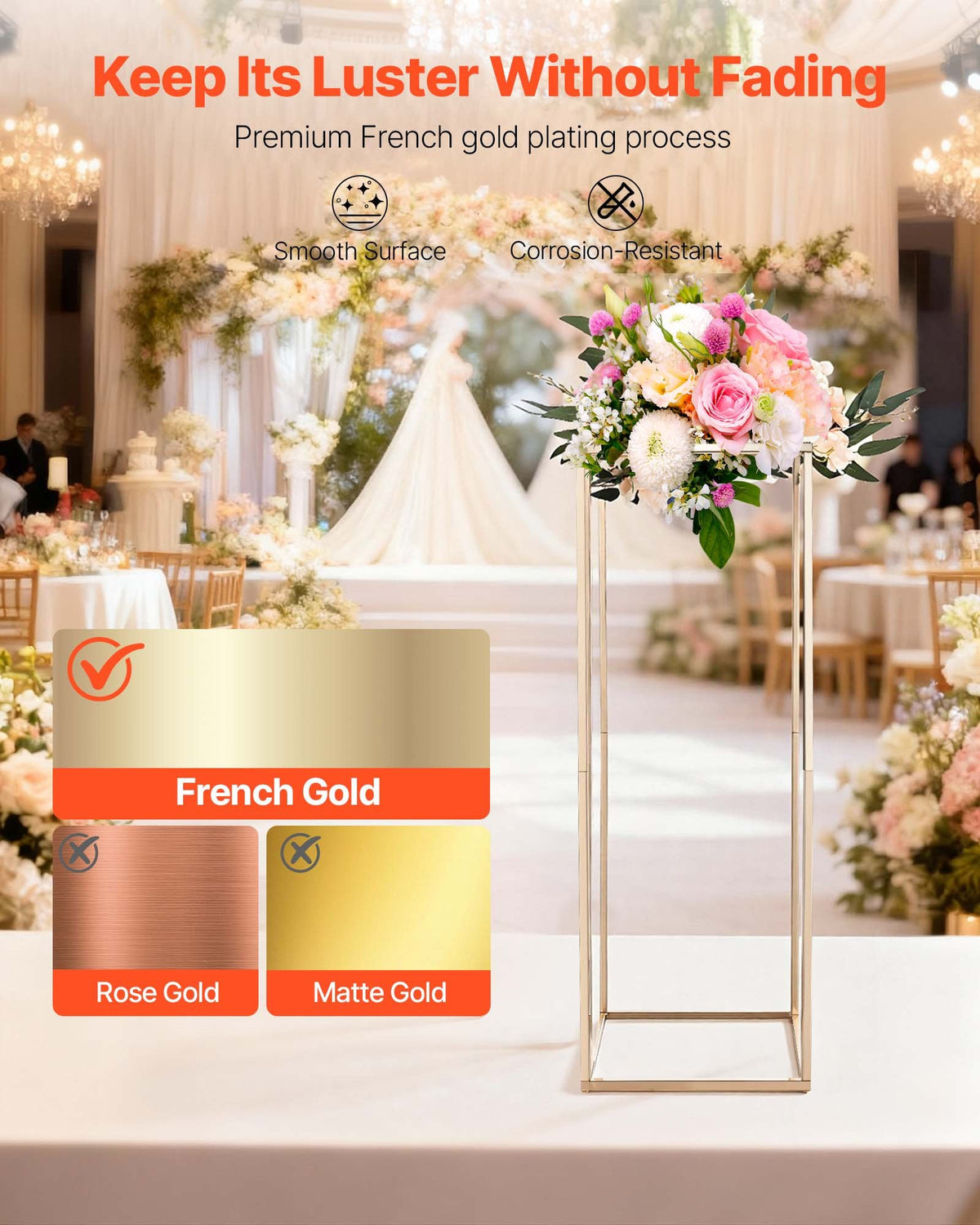 VEVOR Wedding Flower Stand, 10PCS 31.5-inch Column Flower Stand, Floral Stands with Hidden Screw, Rectangular Cubic Floral Display Rack for Wedding, Party, Birthday, Home, French Gold Stands