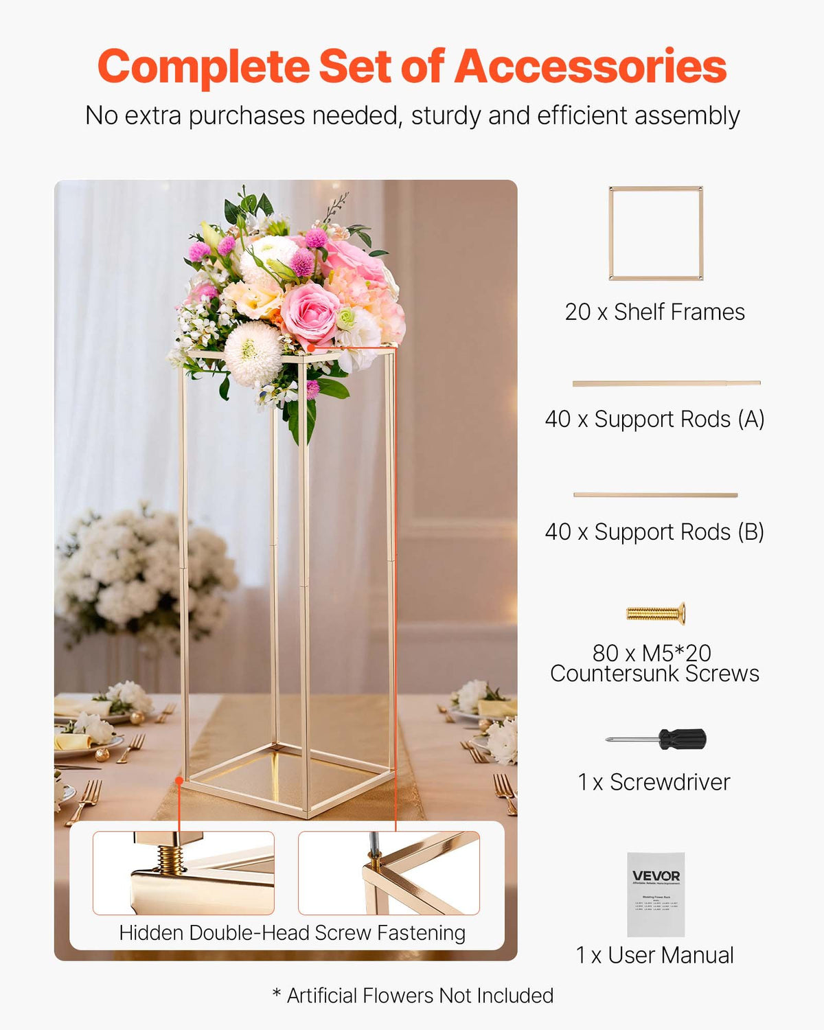 VEVOR Wedding Flower Stand, 10PCS 31.5-inch Column Flower Stand, Floral Stands with Hidden Screw, Rectangular Cubic Floral Display Rack for Wedding, Party, Birthday, Home, French Gold Stands