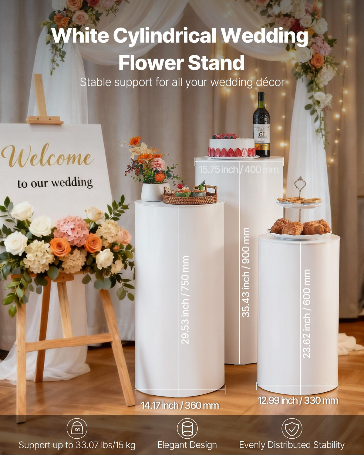 VEVOR Wedding Flower Stand, 3PCS 60/75/90cm Round Cylinder Plinth, White Pedestal Stand with PVC Lid, Cylindrical Pedestal Stands for Wedding, Party, Birthday, Art Decor, 15kg Load