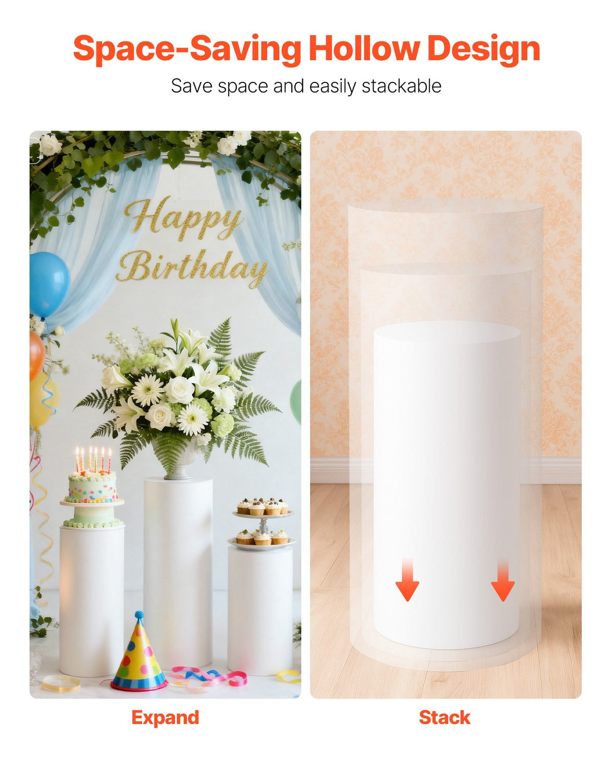 VEVOR Wedding Flower Stand, 3PCS 60/75/90cm Round Cylinder Plinth, White Pedestal Stand with PVC Lid, Cylindrical Pedestal Stands for Wedding, Party, Birthday, Art Decor, 15kg Load