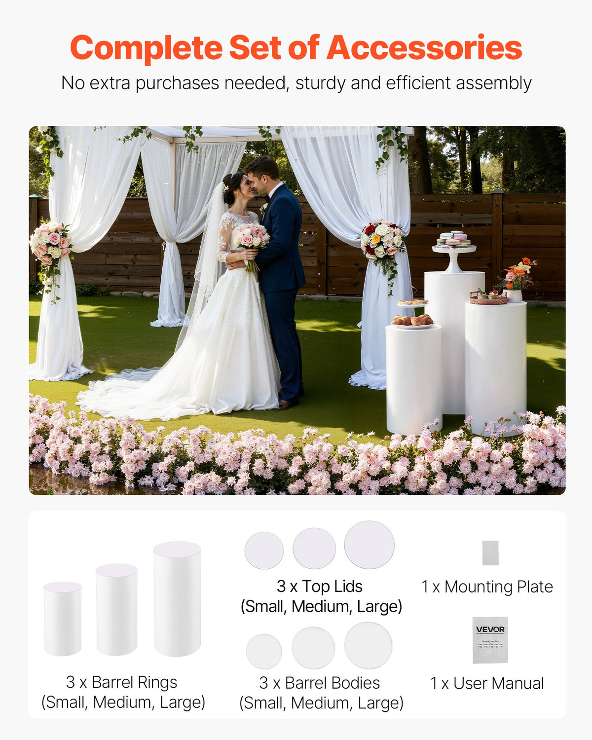 VEVOR Wedding Flower Stand, 3PCS 60/75/90cm Round Cylinder Plinth, White Pedestal Stand with PVC Lid, Cylindrical Pedestal Stands for Wedding, Party, Birthday, Art Decor, 15kg Load