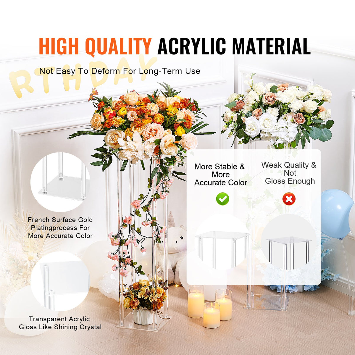 VEVOR 10PCS 23.6inch/60cm High Wedding Flower Stand, With Acrylic Laminate,Acrylic Vase Column Geometric Centerpiece Stands, Floral Display Rack for T-Stage Events Reception, Party Decoration Home