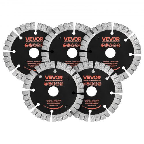 VEVOR Diamond Blades 125 mm, 5-Pack Wall Chaser Saw Blade Cutting Blade, 20 mm Arbor, High-Hardness Diamond Segments, 65Mn Steel Core, Dry Wet Cutting, Clean Edges for Concrete Brick Stone Cement