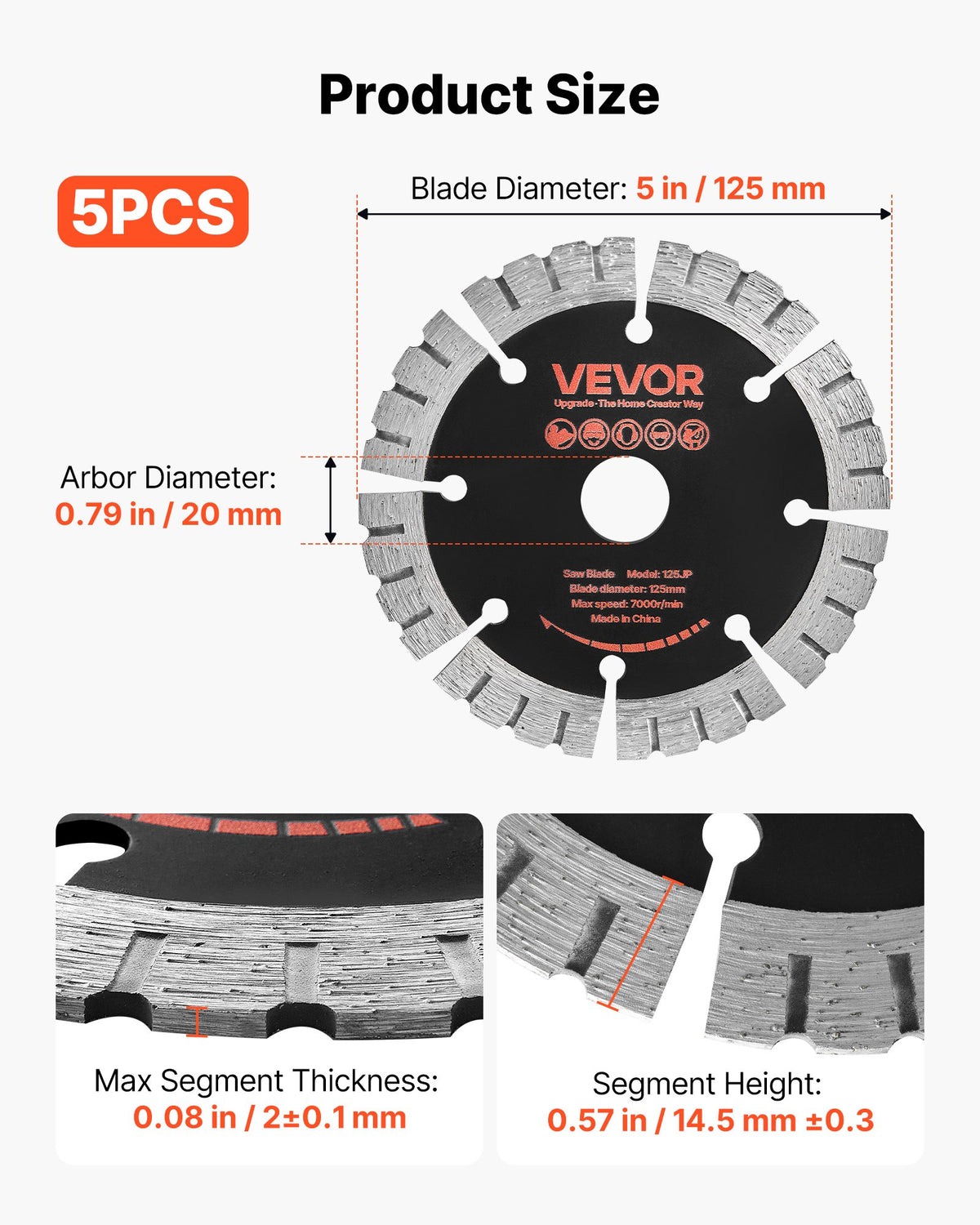 VEVOR Diamond Blades 125 mm, 5-Pack Wall Chaser Saw Blade Cutting Blade, 20 mm Arbor, High-Hardness Diamond Segments, 65Mn Steel Core, Dry Wet Cutting, Clean Edges for Concrete Brick Stone Cement
