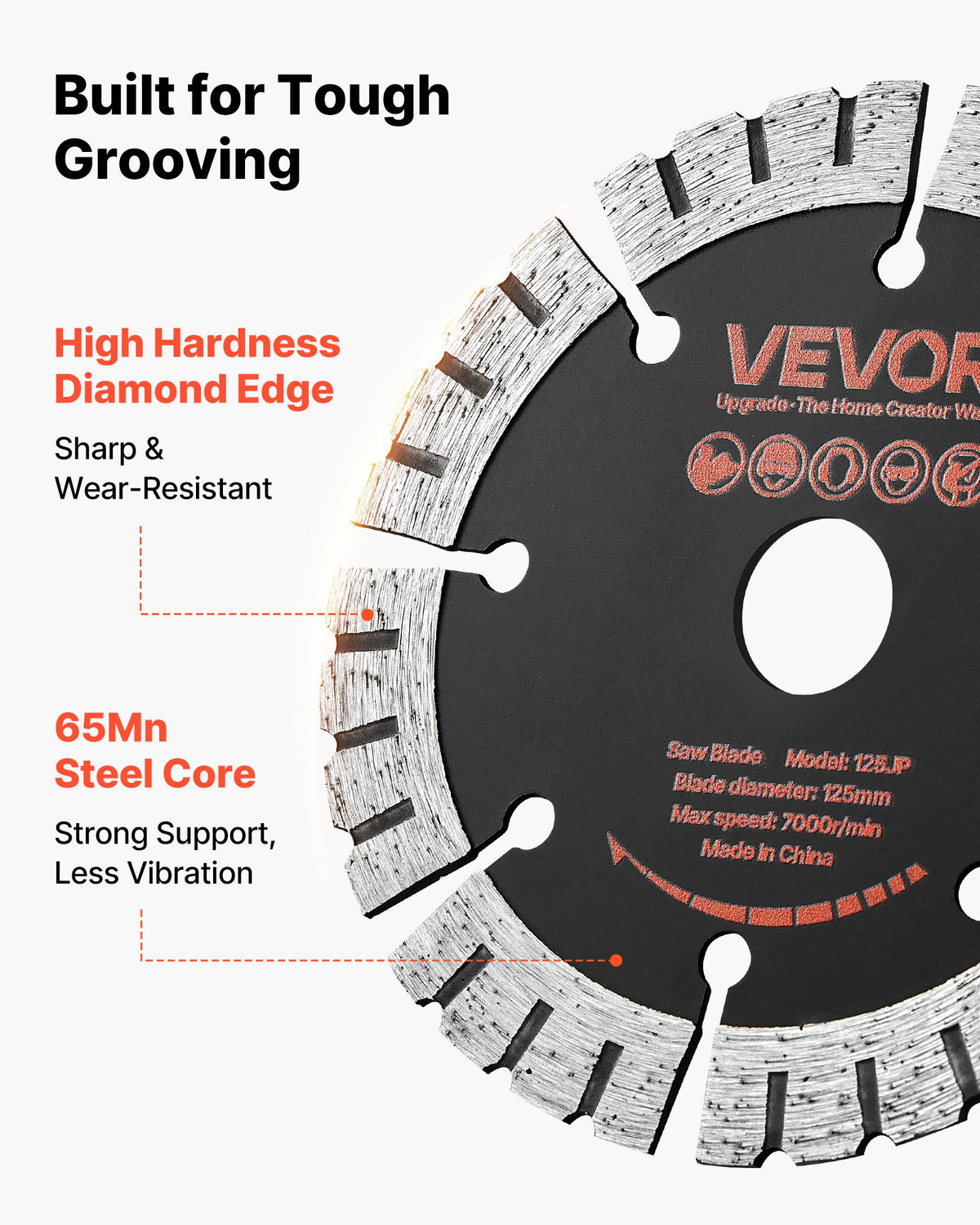 VEVOR Diamond Blades 125 mm, 5-Pack Wall Chaser Saw Blade Cutting Blade, 20 mm Arbor, High-Hardness Diamond Segments, 65Mn Steel Core, Dry Wet Cutting, Clean Edges for Concrete Brick Stone Cement