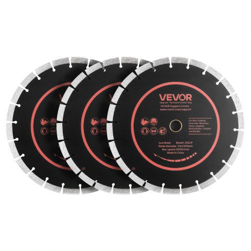 VEVOR Diamond Blades 306 mm, 3-Pack Concrete Saw Blade Set, 25.4 mm Arbor, High-Hardness Diamond Segments, 65Mn Steel Core, Dry Wet Cutting, Clean Edges for Concrete, Masonry, Brick, Stone, Granite