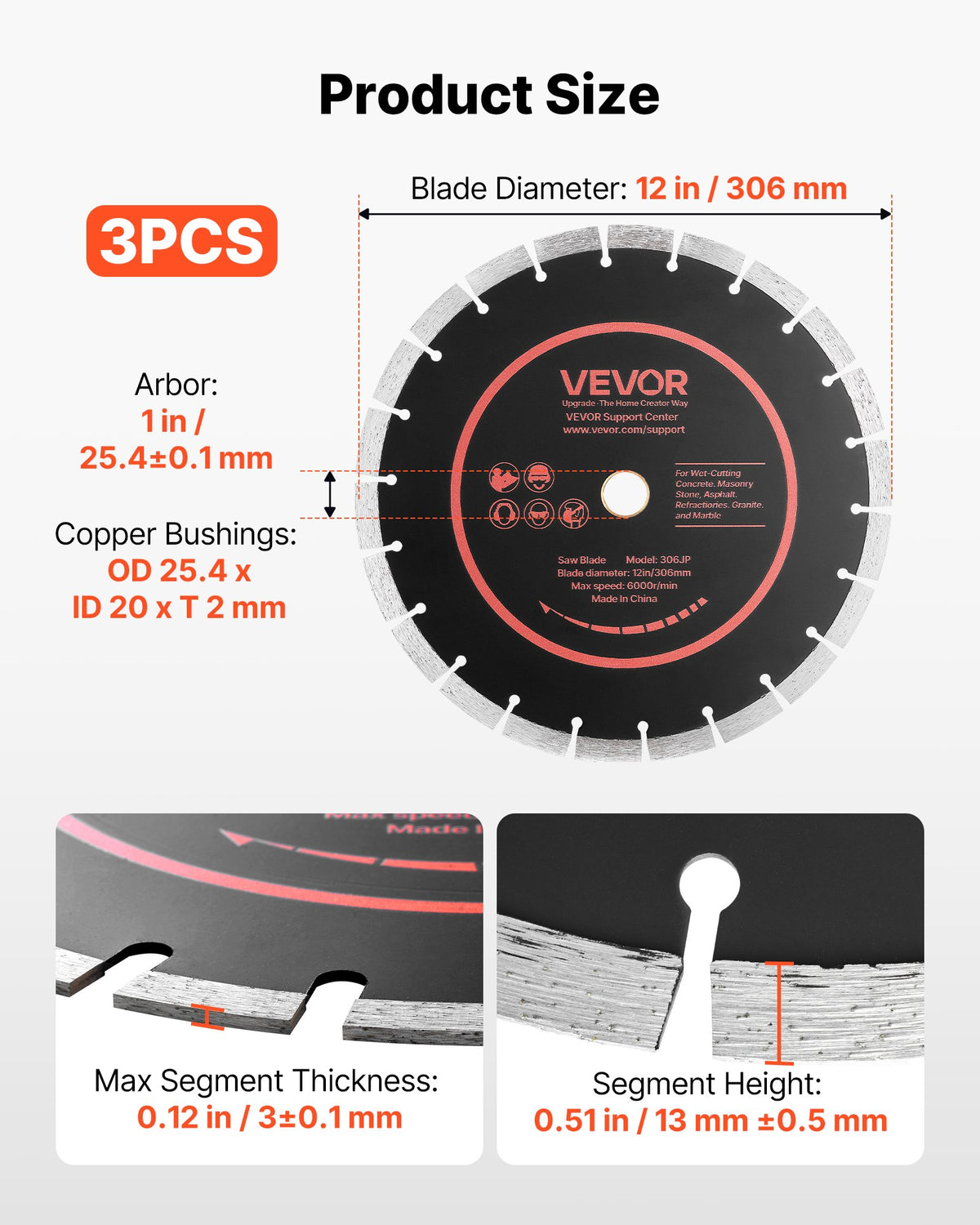 VEVOR Diamond Blades 306 mm, 3-Pack Concrete Saw Blade Set, 25.4 mm Arbor, High-Hardness Diamond Segments, 65Mn Steel Core, Dry Wet Cutting, Clean Edges for Concrete, Masonry, Brick, Stone, Granite