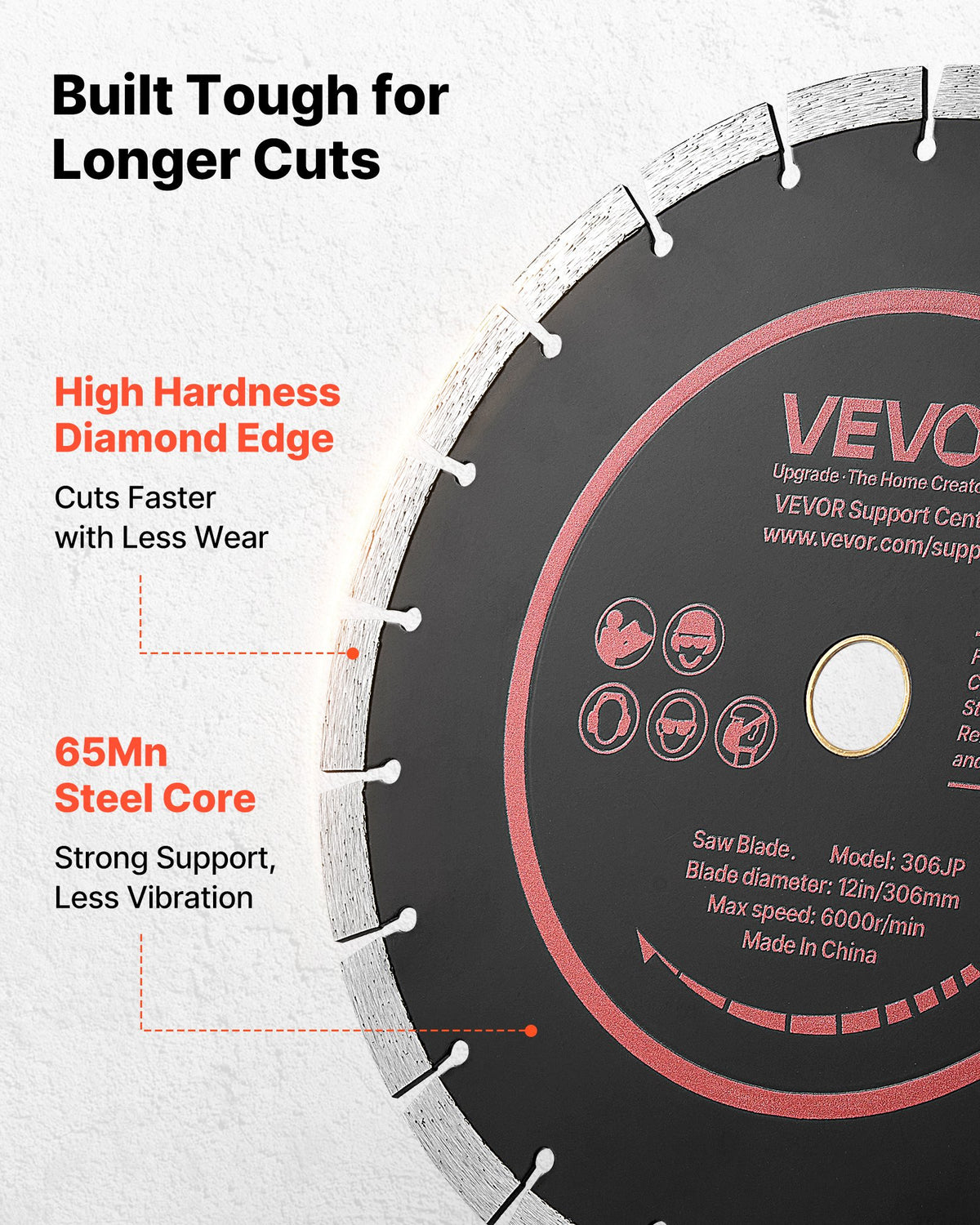 VEVOR Diamond Blades 306 mm, 3-Pack Concrete Saw Blade Set, 25.4 mm Arbor, High-Hardness Diamond Segments, 65Mn Steel Core, Dry Wet Cutting, Clean Edges for Concrete, Masonry, Brick, Stone, Granite