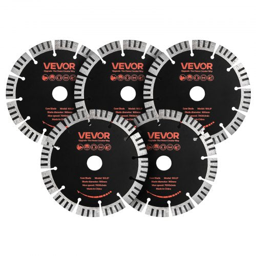 VEVOR Diamond Blades 160 mm, 5-Pack Wall Chaser Saw Blade Cutting Blade, 22.2 mm Arbor, High-Hardness Diamond Segments, 65Mn Steel Core, Dry Wet Cutting, Clean Edges for Concrete Brick Stone Cement