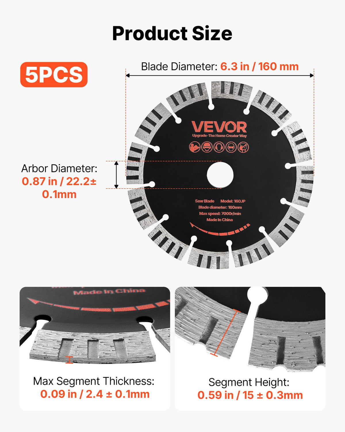 VEVOR Diamond Blades 160 mm, 5-Pack Wall Chaser Saw Blade Cutting Blade, 22.2 mm Arbor, High-Hardness Diamond Segments, 65Mn Steel Core, Dry Wet Cutting, Clean Edges for Concrete Brick Stone Cement