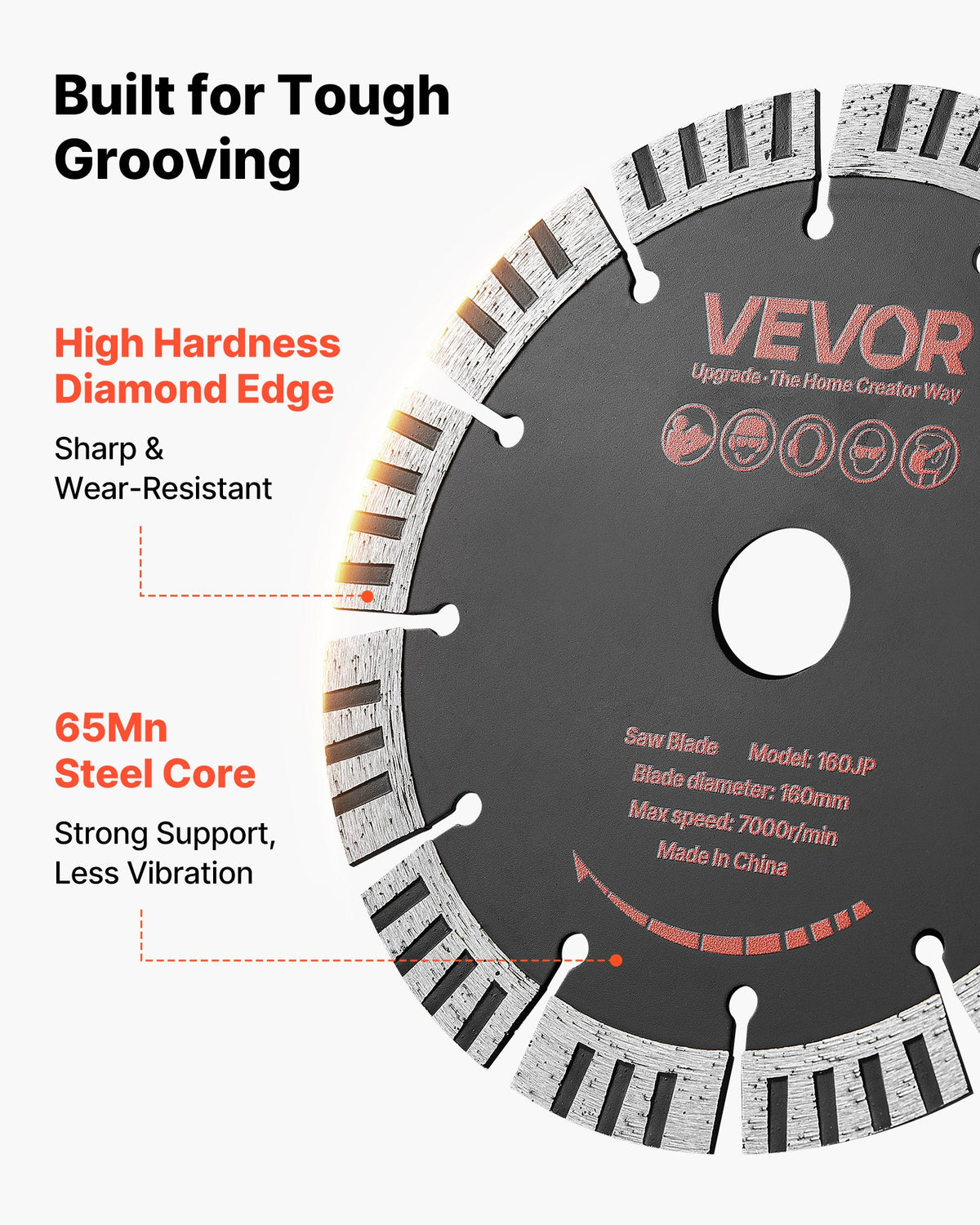VEVOR Diamond Blades 160 mm, 5-Pack Wall Chaser Saw Blade Cutting Blade, 22.2 mm Arbor, High-Hardness Diamond Segments, 65Mn Steel Core, Dry Wet Cutting, Clean Edges for Concrete Brick Stone Cement
