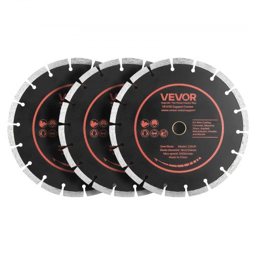 VEVOR Diamond Blades 230 mm, 3-Pack Concrete Saw Blade Set, 22.2 mm Arbor, High-Hardness Diamond Segments, 65Mn Steel Core, Dry Wet Cutting, Clean Edges for Concrete, Masonry, Brick, Stone, Granite