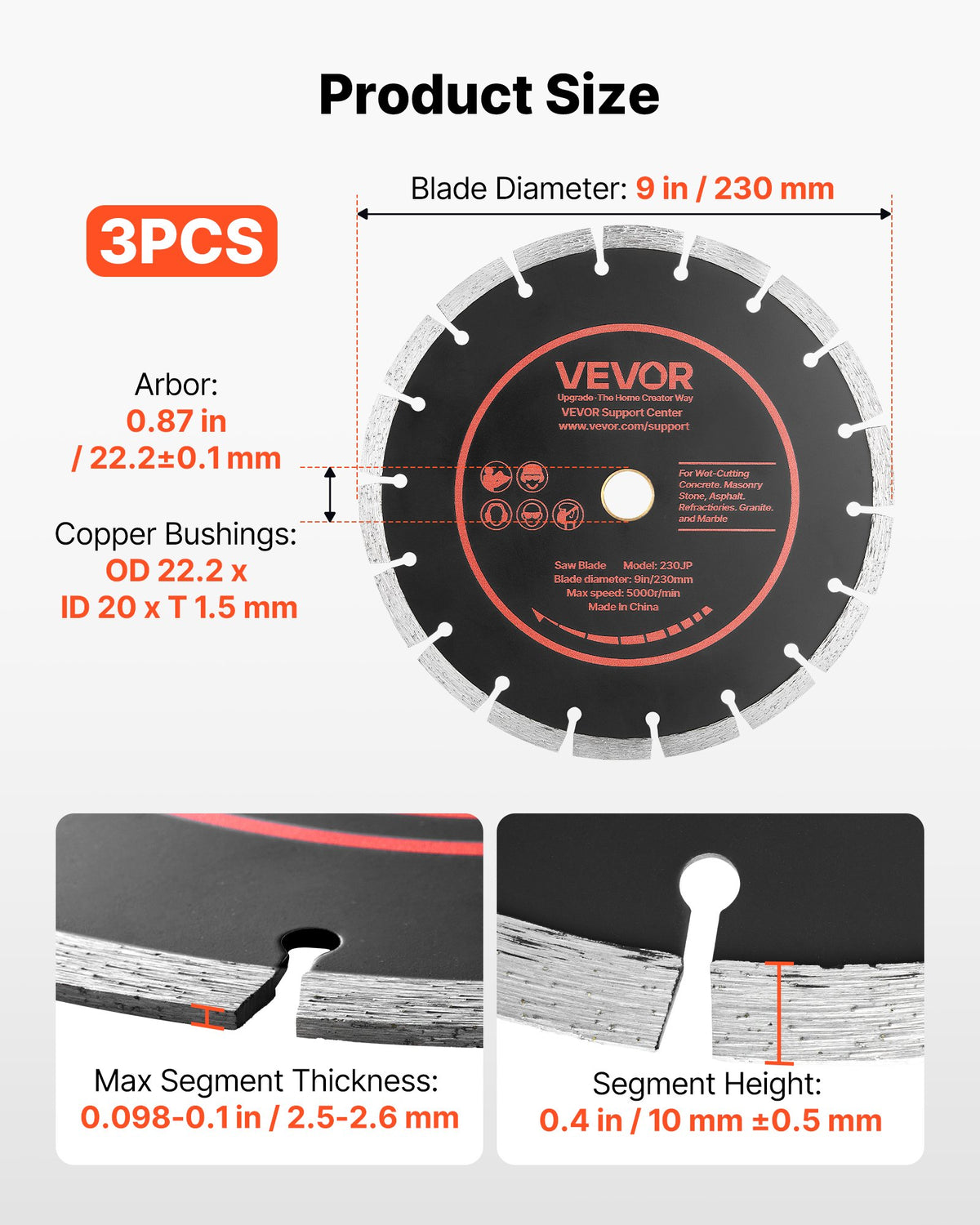VEVOR Diamond Blades 230 mm, 3-Pack Concrete Saw Blade Set, 22.2 mm Arbor, High-Hardness Diamond Segments, 65Mn Steel Core, Dry Wet Cutting, Clean Edges for Concrete, Masonry, Brick, Stone, Granite