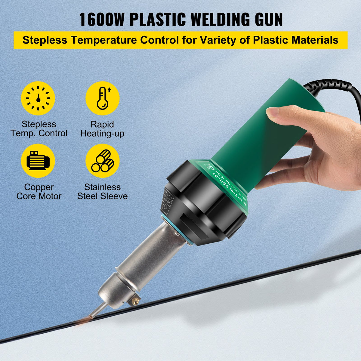 VEVOR Roofing Welder, 8 Pcs PVC Welding Gun, 1600W Hot Air Plastic Welder, 220V PVC Heat Gun, Plastic Welder with Mica Pipe Heating Core, Stepless Temperature Regulation 104-1112 °F Plastic Welder Kit