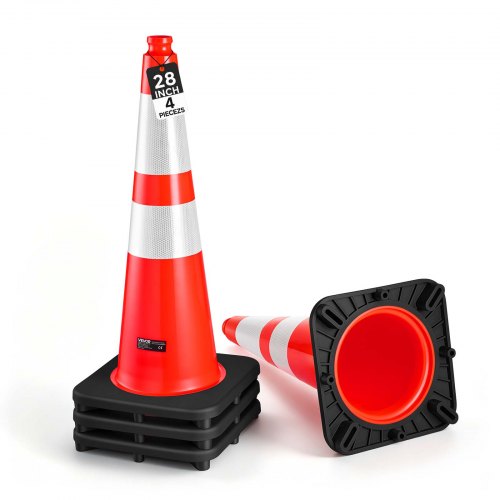 VEVOR Traffic Safety Cones 4 Pack 715 mm Flexible PVC Orange Traffic Cones, For Accident or Construction Warning, with Weighted Black Base, Reflective Collar Visible at Night, Heavy Duty, Easy Storage