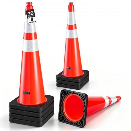 VEVOR Traffic Safety Cones 8 Pack 915 mm Flexible PVC Orange Traffic Cones, For Highway Warning or Traffic Control, Weighted Black Base, Reflective Collar Visible at Night, Heavy Duty, Easy Storage