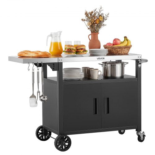 VEVOR Outdoor Grill Cart with Storage Cabinet, 124 cm Grill Table, Waterproof Kitchen Island with Stainless Steel Top, Shelf, and Wheels, Movable Food Prep Station for Patio Bar Backyard BBQ