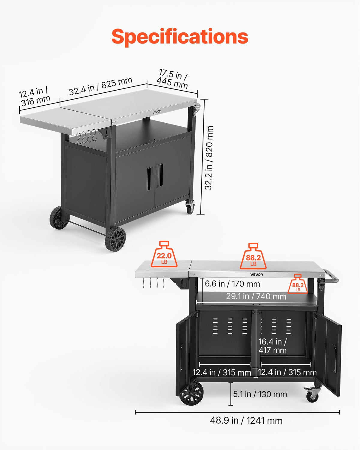 VEVOR Outdoor Grill Cart with Storage Cabinet, 124 cm Grill Table, Waterproof Kitchen Island with Stainless Steel Top, Shelf, and Wheels, Movable Food Prep Station for Patio Bar Backyard BBQ