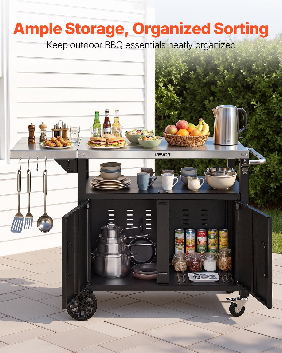 VEVOR Outdoor Grill Cart with Storage Cabinet, 124 cm Grill Table, Waterproof Kitchen Island with Stainless Steel Top, Shelf, and Wheels, Movable Food Prep Station for Patio Bar Backyard BBQ