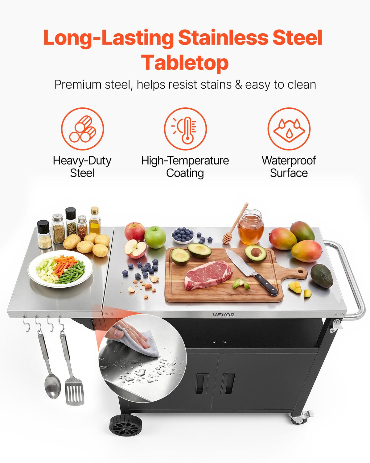 VEVOR Outdoor Grill Cart with Storage Cabinet, 124 cm Grill Table, Waterproof Kitchen Island with Stainless Steel Top, Shelf, and Wheels, Movable Food Prep Station for Patio Bar Backyard BBQ