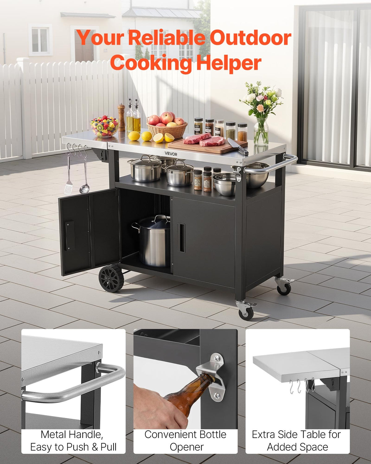 VEVOR Outdoor Grill Cart with Storage Cabinet, 124 cm Grill Table, Waterproof Kitchen Island with Stainless Steel Top, Shelf, and Wheels, Movable Food Prep Station for Patio Bar Backyard BBQ