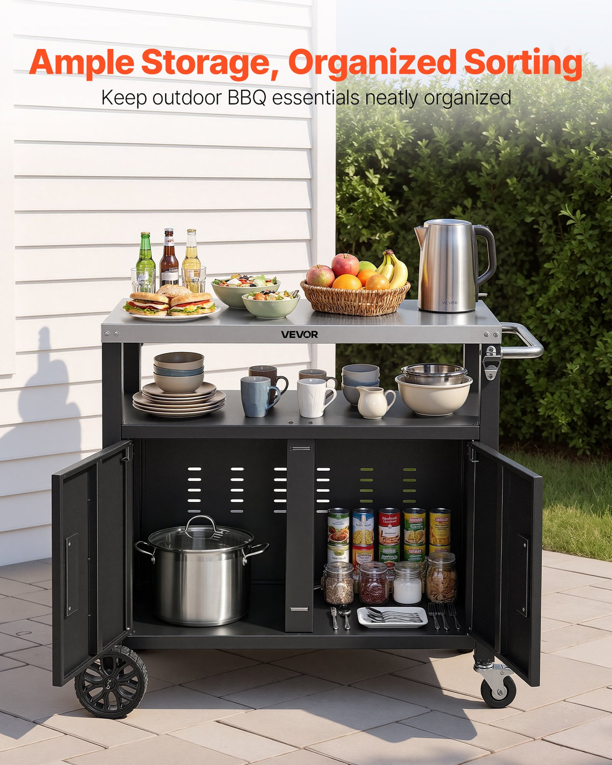 VEVOR Outdoor Grill Cart with Storage Cabinet, 92 cm Grill Table, Waterproof Kitchen Island with Stainless Steel Top, Shelf, and Wheels, Movable Food Prep Station for Patio Bar Backyard BBQ