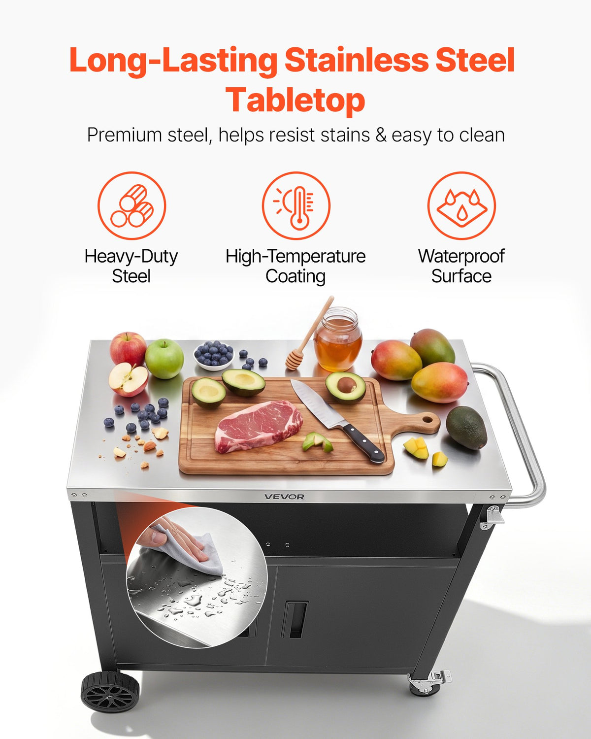 VEVOR Outdoor Grill Cart with Storage Cabinet, 92 cm Grill Table, Waterproof Kitchen Island with Stainless Steel Top, Shelf, and Wheels, Movable Food Prep Station for Patio Bar Backyard BBQ