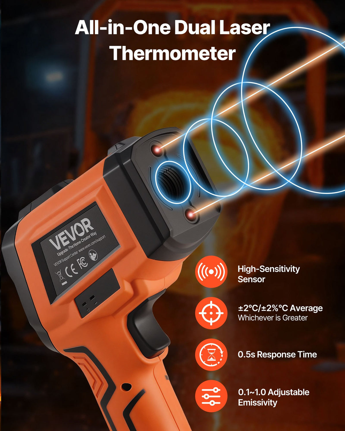 VEVOR Infrared Thermometer, -30℃ to 1200℃ Dual-Mode IR Thermometer Gun with K-Type Thermocouple, Dual Laser Heat Temperature Gun Non-Contact for Cooking/Griddle/Engine/Industrial Use (Not for Human)