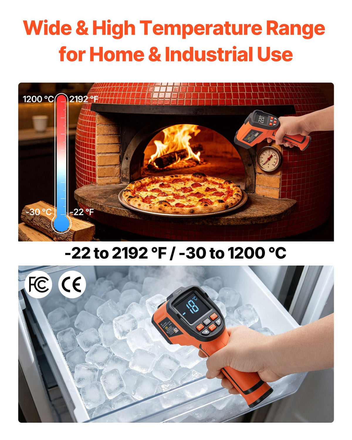 VEVOR Infrared Thermometer, -30℃ to 1200℃ Dual-Mode IR Thermometer Gun with K-Type Thermocouple, Dual Laser Heat Temperature Gun Non-Contact for Cooking/Griddle/Engine/Industrial Use (Not for Human)