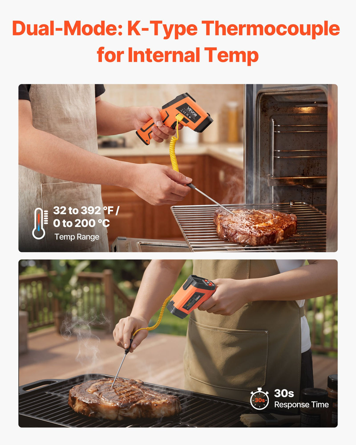 VEVOR Infrared Thermometer, -30℃ to 1600℃ Dual-Mode IR Thermometer Gun with K-Type Thermocouple, Dual Laser Heat Temperature Gun Non-Contact for Metal Smelting/Engine/Industry/Cooking (Not for Human)