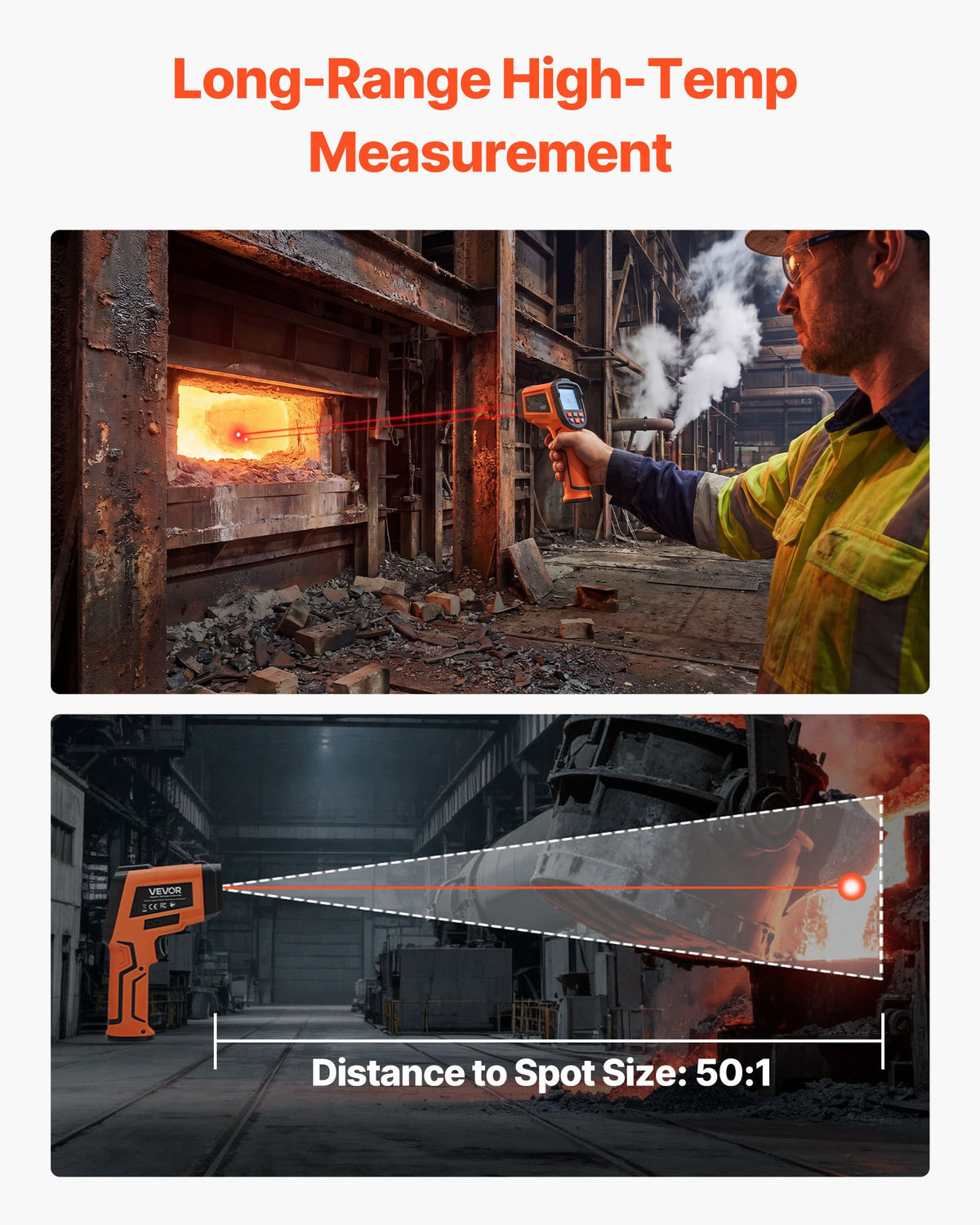 VEVOR Infrared Thermometer, -30℃ to 1600℃ Dual-Mode IR Thermometer Gun with K-Type Thermocouple, Dual Laser Heat Temperature Gun Non-Contact for Metal Smelting/Engine/Industry/Cooking (Not for Human)