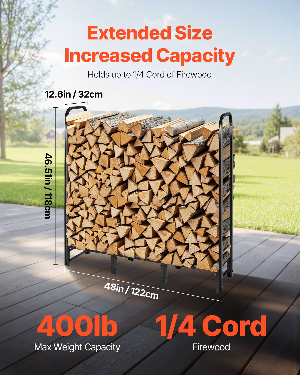 VEVOR Firewood Rack with Waterproof Cover, 1.22m Outdoor Firewood Holder, 1/4 Cord Storage Metal Log Holder, 400lb Max Weight Capacity, Top Covered, Powder-Coated Wood Storage Rack for Fireplace Deck