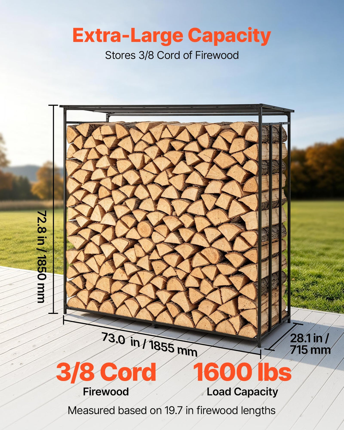 VEVOR Firewood Rack 1855 mm 3/8 Cord Heavy Duty Outdoor Wood Storage Holder, for Fireplace Patio Deck, 730 kg Load Capacity, Carbon Steel Frame Fire Log Stacker Stand, Metal Wood Pile Organizer, Black
