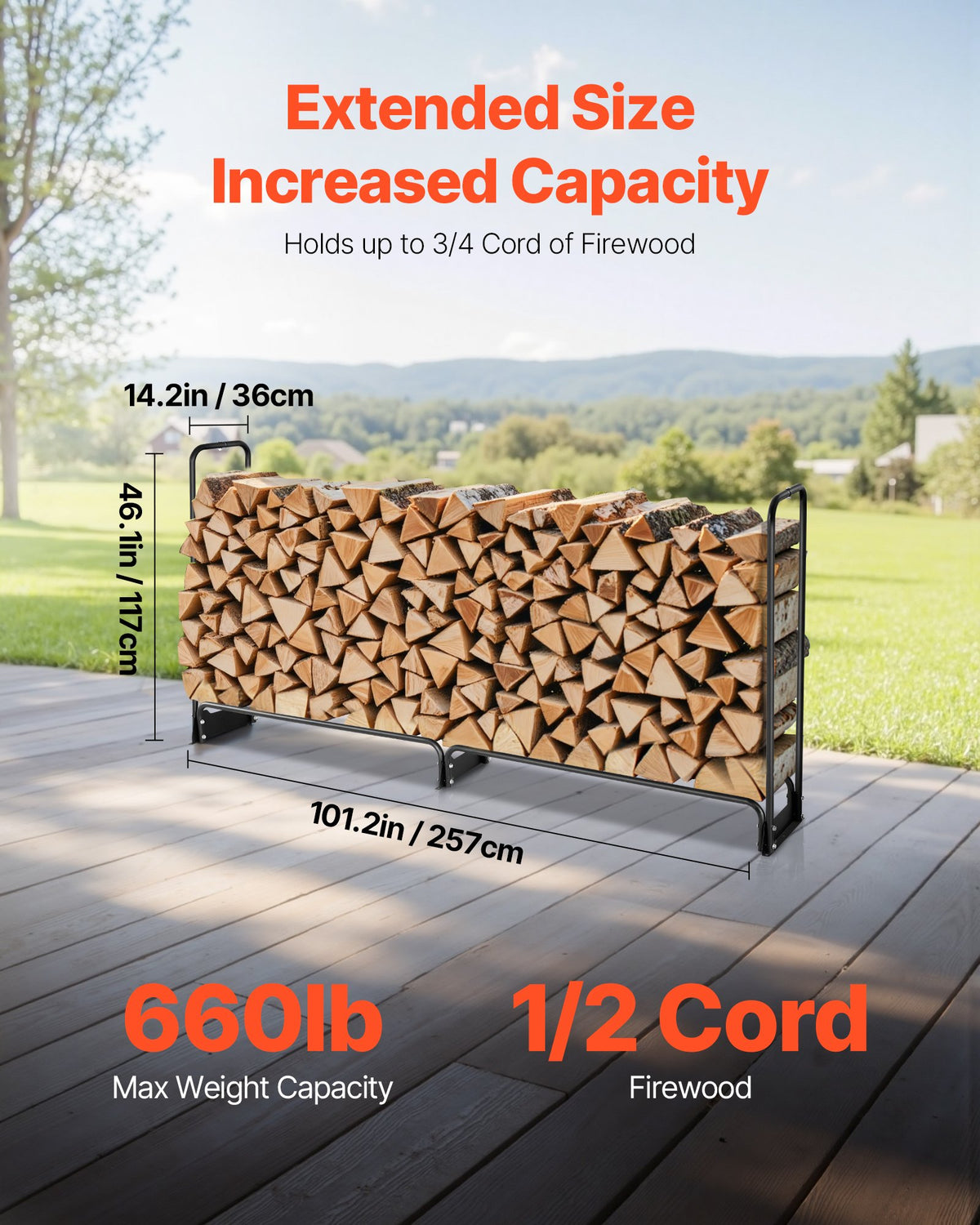 VEVOR Firewood Rack with Waterproof Cover, 2.57m Outdoor Firewood Holder, 1/2 Cord Storage Metal Log Holder, 299kg Max Weight Capacity, Top Covered, Powder-Coated Wood Storage Rack for Fireplace Deck