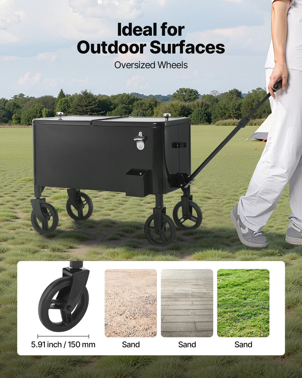 VEVOR 75.71 L Rolling Ice Chest Cart, with 2-Stage Telescopic Pull Handle and 2 Swivel Casters, Portable Table Beach Patio Party Bar Cold Drink Beverage, Outdoor Park Cart on Wheels, Black