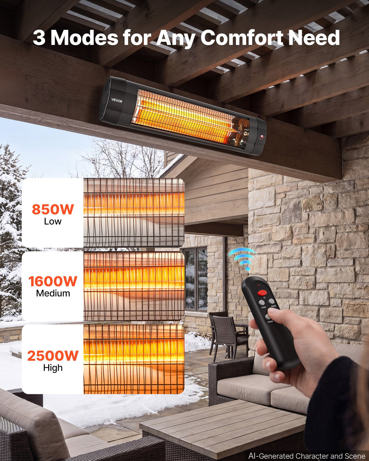 VEVOR Infrared Heater 2500W Electric Space Heater with Tripod Remote Black, 3 Heat Settings, Panel Control, 24-Hour Timer, Premium PP Material, Even Warmth for Patios, Backyards, Balconies Outdoor Use